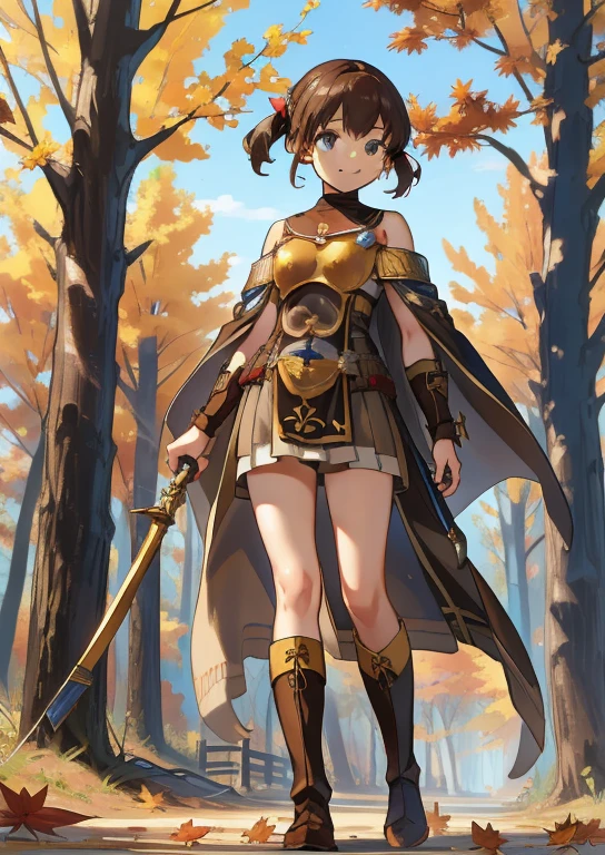 Masterpiece，8k，Best Quality，Delsea , young little ，Very short stature， body type，Thin thighs，Short legs，Hair Ribbon, Bare shoulders,  brown cloak, breastplate, Tabard, Brown dress, boots, standing, smile, A look of determination，Autumn leaves，Autumn forest，The Temptation of a ittle Girl，