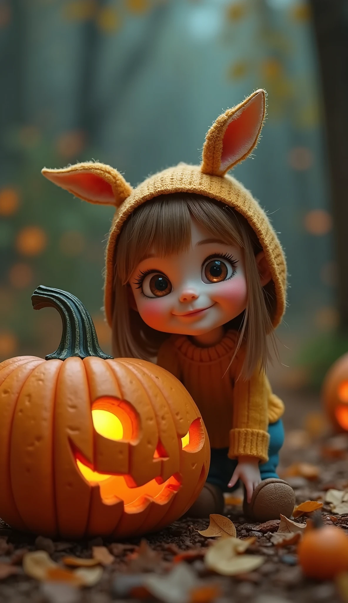 (Best Quality、masterpiece、 High Resolution )、jack o'lantern and girl、 cute girl 、Girl、Fox-eared headband 、