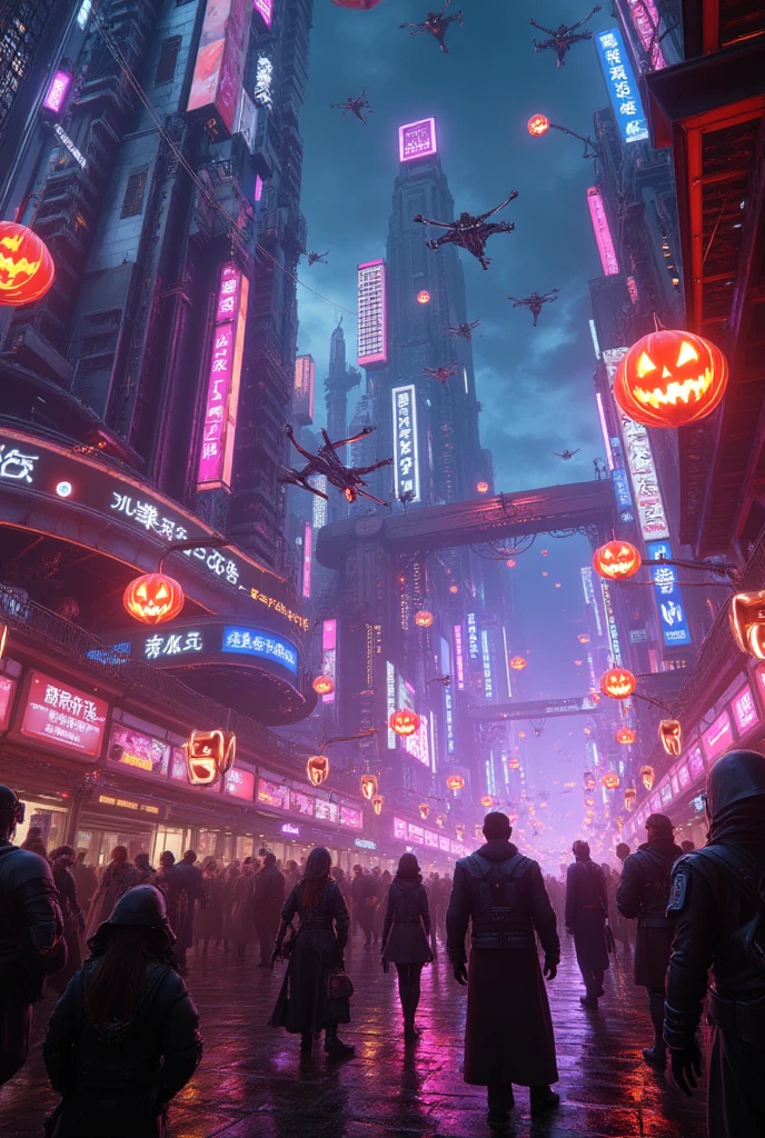 A futuristic Halloween scene, set in a neon-lit, cyberpunk city where people dressed in futuristic costumes gather. Holographic pumpkin lanterns and digital ghosts float in the air, while drones buzz around the sky. Metallic buildings and flying cars fill the streets, illuminated by vivid colored lights, creating an exciting and futuristic Halloween atmosphere.