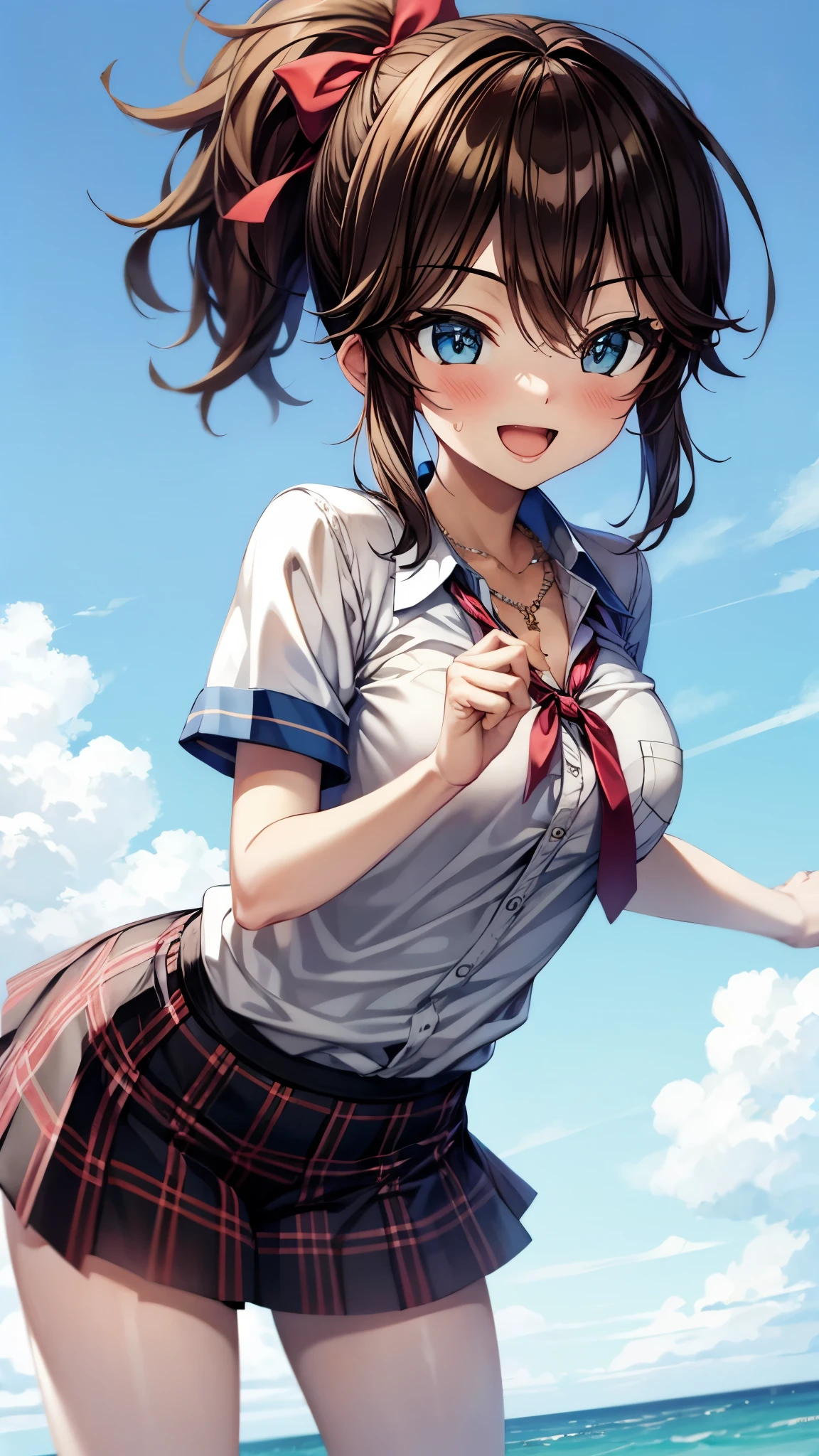 （super high quality, super high definition,16k,super masterpiece,Ultra HD ,Detailed shading and background,）Shooting from below,One Girl, ponytail, Purple Swallowtail Butterfly Barrette and Necklace ,（ Short-sleeved White Cutter Shirt Unbuttoned and Unbuttoned,Red ribbon tie,）Blue Plaid Mini Skirt ,smile,blush,Open your mouth a little,Sweaty,Blue sky and sea with clouds and sun visible,Lean forward,