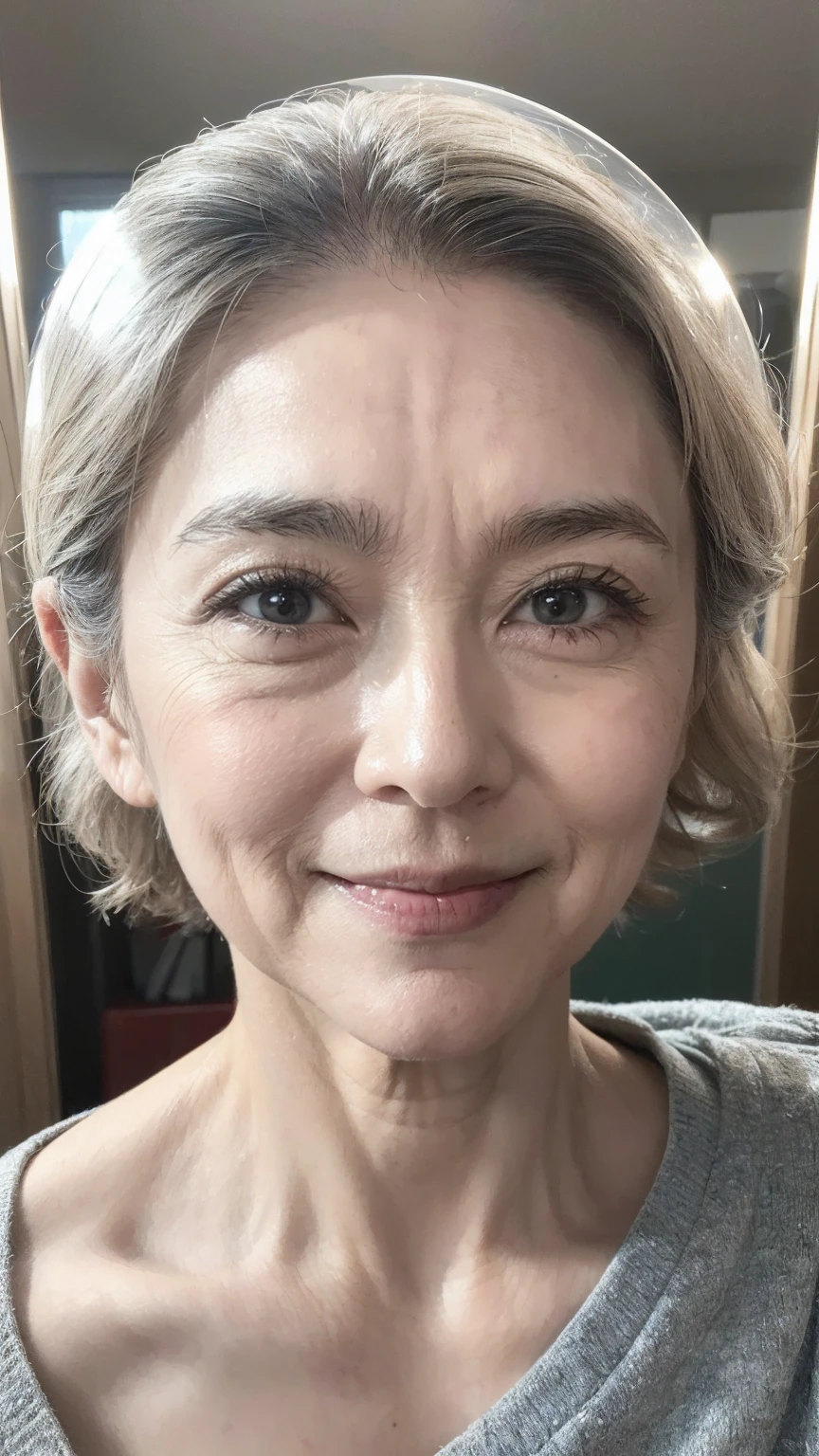 ((Best Quality)), ((8k)), ((masterpiece: 1.3)), (Perfect appearance), ( Transparent : 1.6), (Nag), (One Japanese Mature),  Perfect Anatomy, ((65 years old)), Short bob with waves, (The expression of a gentle smile), ((Close-up of face)),