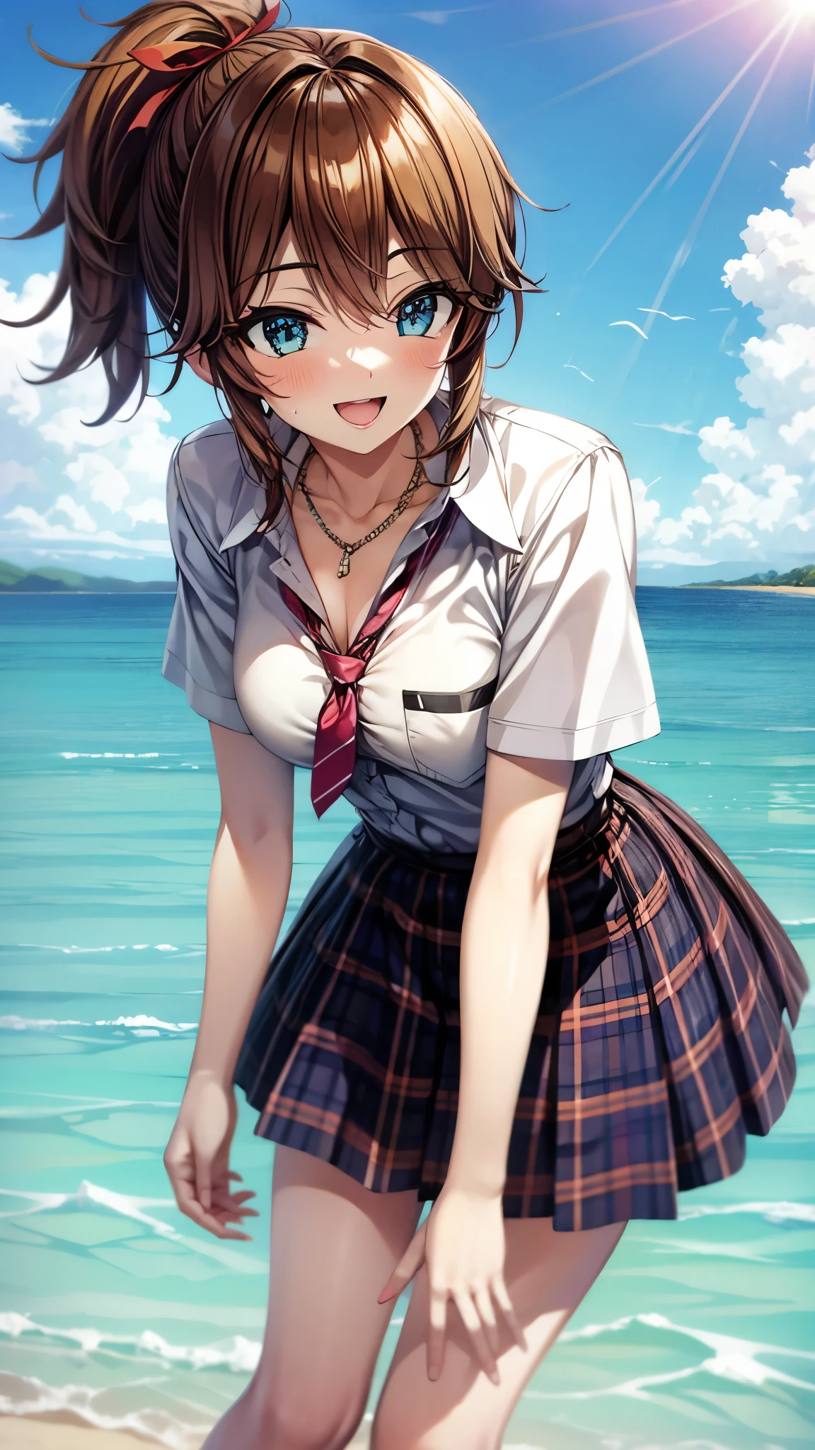 （super high quality, super high definition,16k,super masterpiece,Ultra HD ,Detailed shading and background,）Shooting from below,One Girl, ponytail, Purple Swallowtail Butterfly Barrette and Necklace ,（ Short-sleeved White Cutter Shirt Unbuttoned and Unbuttoned,Red ribbon tie,）Blue Plaid Mini Skirt ,smile,blush,Open your mouth a little,Sweaty,Blue sky and sea with clouds and sun visible,Lean forward,