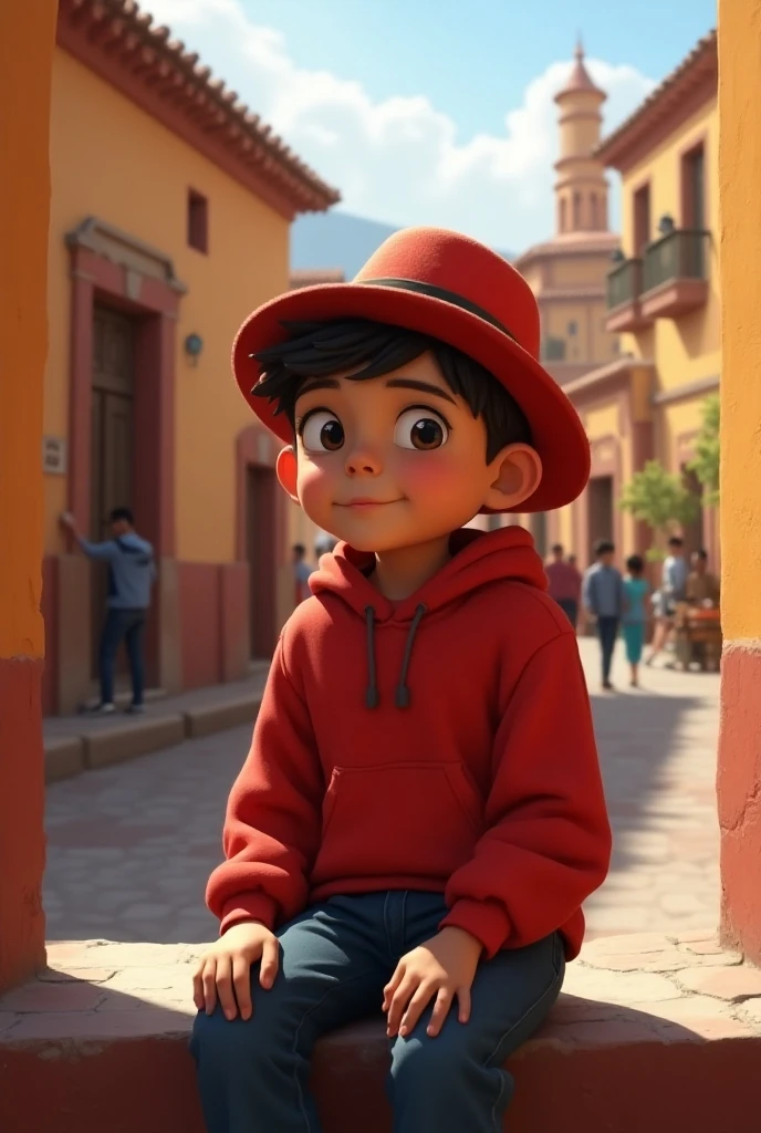 Boy wearing a red sweatshirt and hat sitting in the plaza of Cochabamba-Bolivia