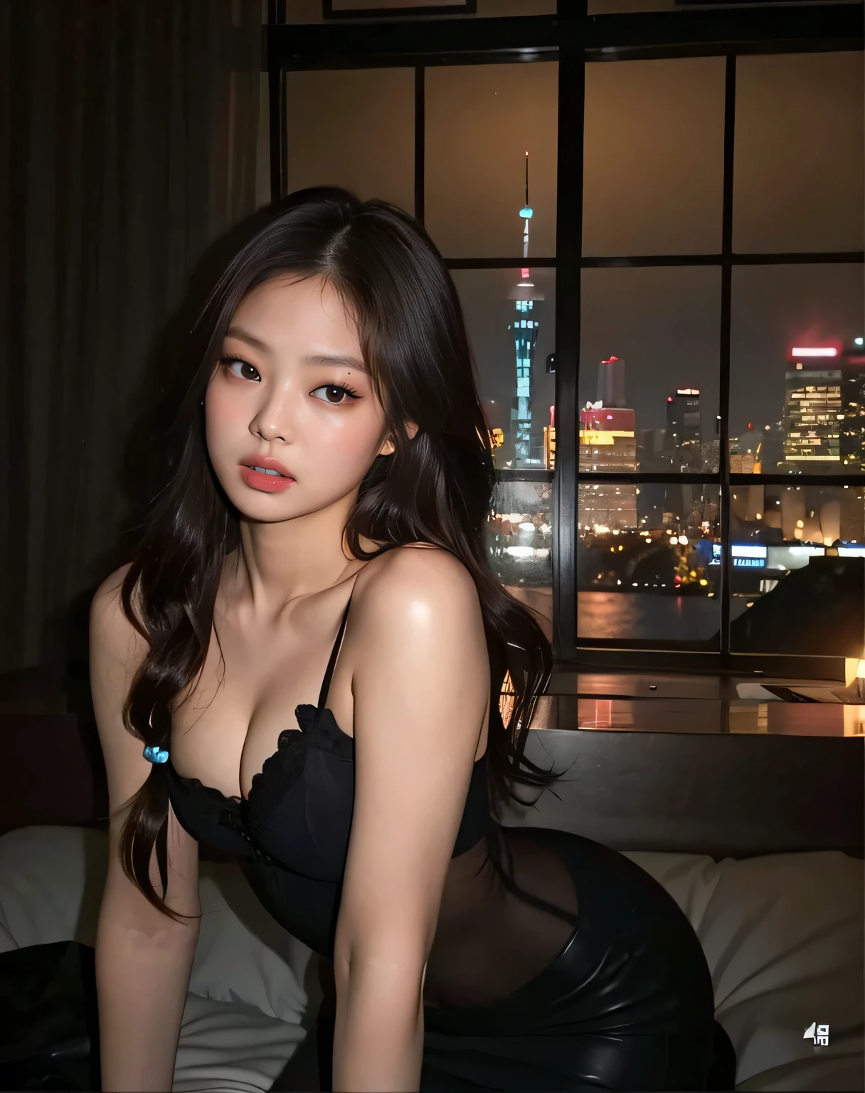 black pink jennie, almond eyes,  full lips, large and voluptuous breasts . flirtatious look