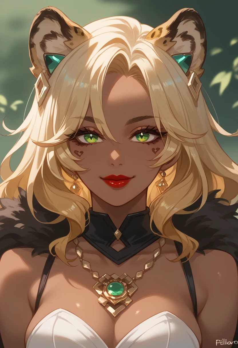 xilonen-gi, green eyes,blonde hair,animal ears,leopard girl, dark-skinned female, looking at viewer, red lips, smile, solo, upper body