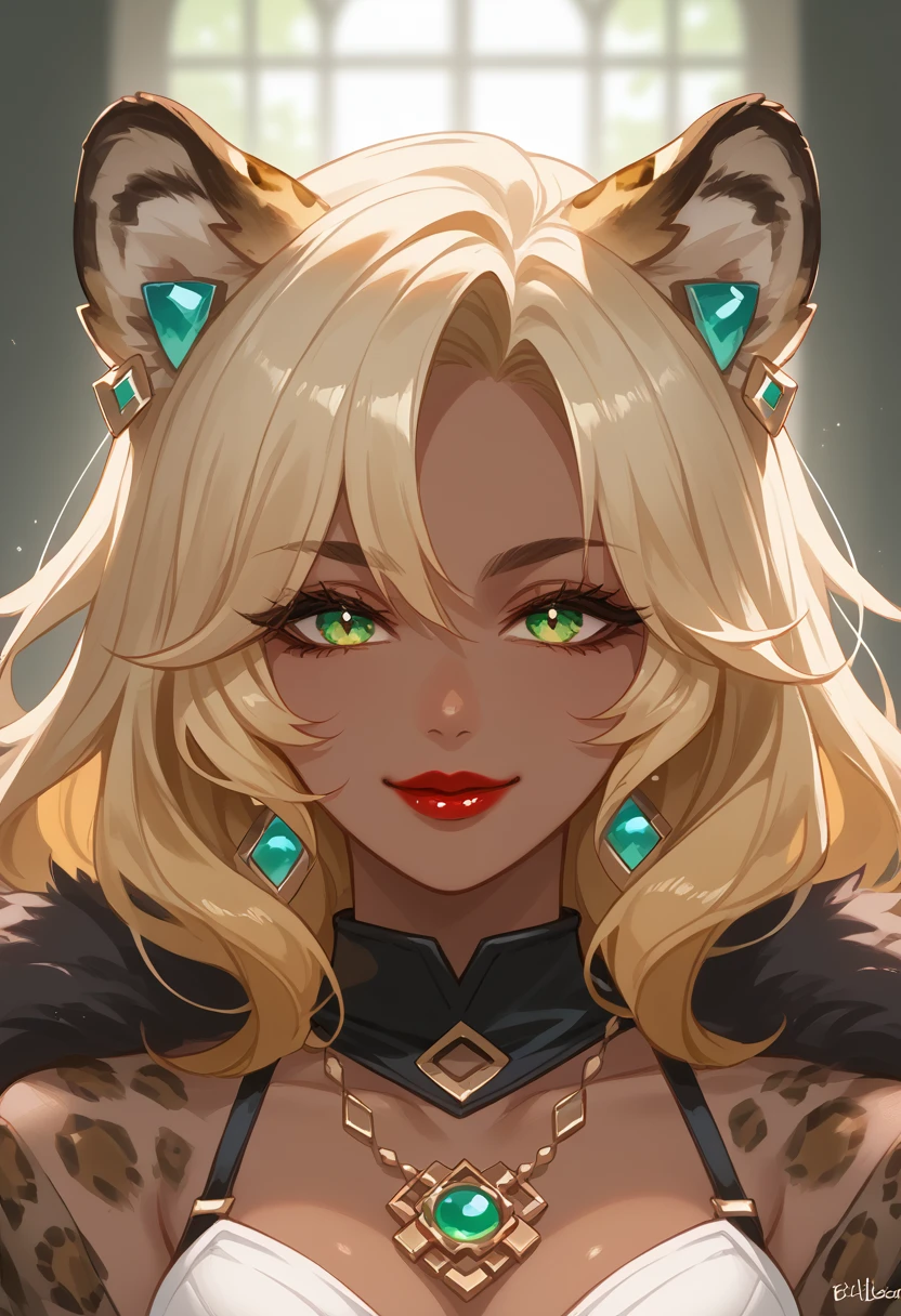 xilonen-gi, green eyes,blonde hair,animal ears,leopard girl, dark-skinned female, looking at viewer, red lips, smile, solo, upper body