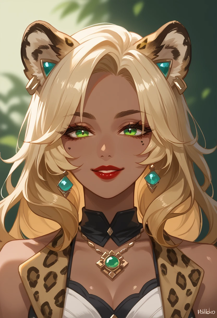 xilonen-gi, green eyes,blonde hair,animal ears,leopard girl, dark-skinned female, looking at viewer, red lips, smile, solo, upper body