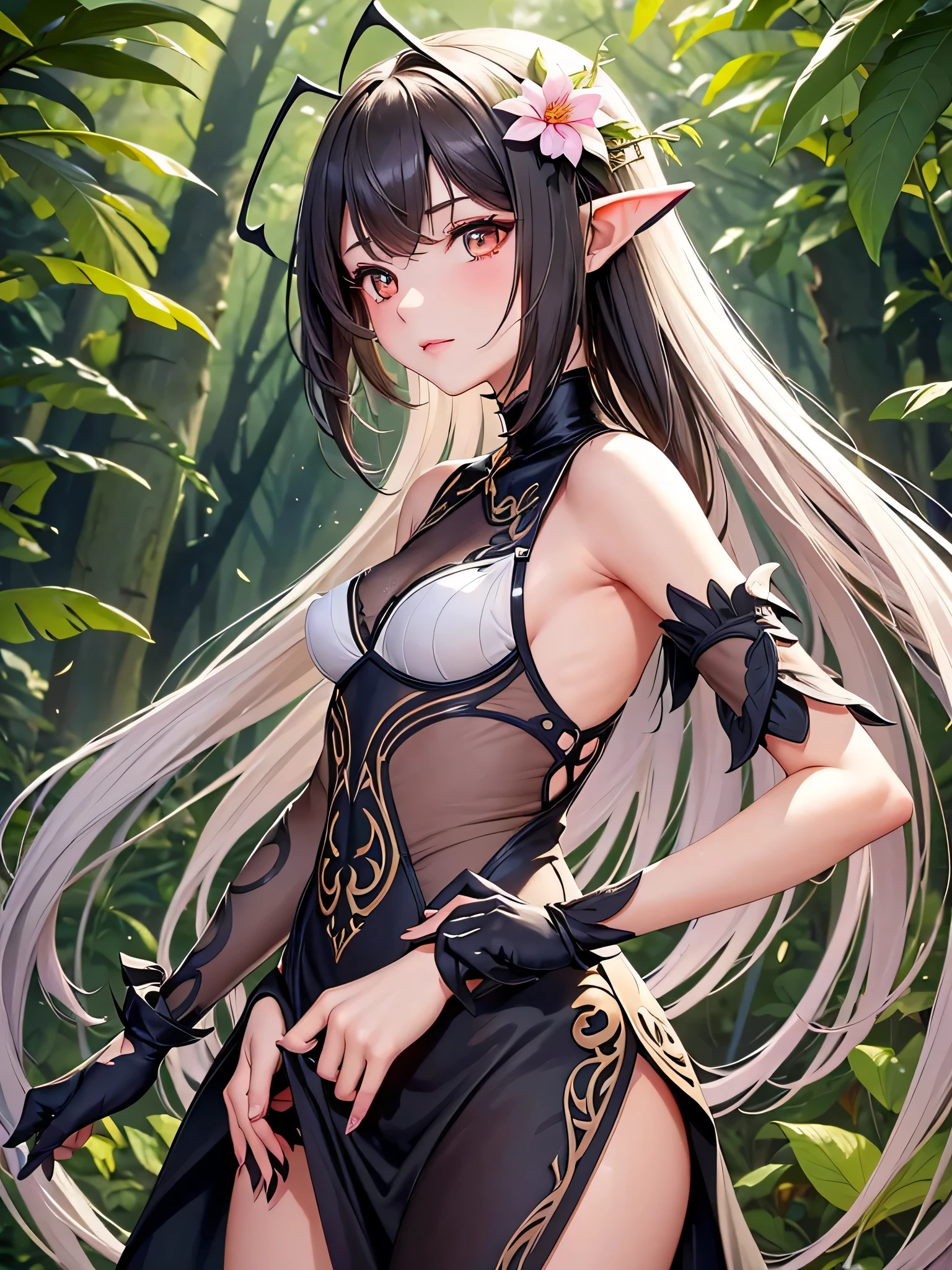 Imagine an insectoid girl, her vibrant wings glinting in the sunlight filtered by the dense vegetation. Its tan, velvety skin blends into the shadows of the forest, while its sensitive antennae detect the slightest movement in the air. Its large, almond-shaped eyes, with vertical pupils, allow it to see in the dark, and its delicate mouth opens to sip the nectar from the flowers. Its long, flowing hair cascades down its back, while its chitinous exoskeleton provides protection and resistance. This hybrid creature, the result of the fusion between a human girl and a wasp, represents a fascinating adaptation to the extreme conditions of a hot and humid planet, very sexy and seductive,(All intricate details, 1 girl view)