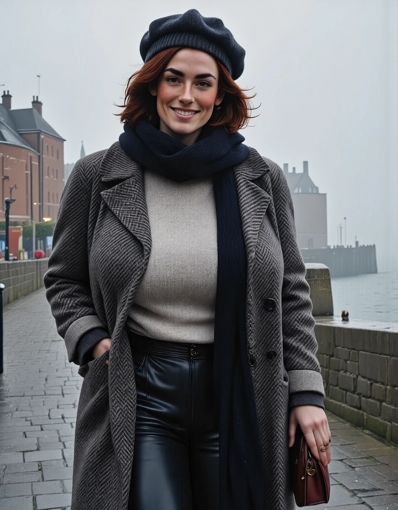 Photorealistic, cinematic style, picture of a beautiful British woman walking on the harbour pier on a fohhy morning. (Dynamic pose: 1.5), (slight smile). She has Brown eyes, downturned eye shape, light skin and freckles, reddish-brown hair, shag hairstyle . She's wearing a light grey herringbone tweed overcoat. Dark grey wool beret. Grey stone wave breaker. Grey fog, grey sky. Rainy. Grey gravel on the ground. ((Theme colour is grey)). perfect hand,HDR, intricate details ,