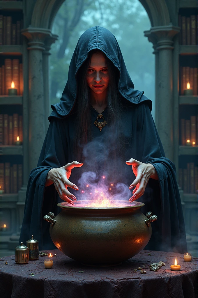 Beautiful Arab Woman Sees Man&#39;s Future With Crystal Ball. She wears a brown hood with an open chest , a faint orange light behind her, a human skull near her, a skull above the desk, an open book, an hourglass and an old map of Morocco above the desk.