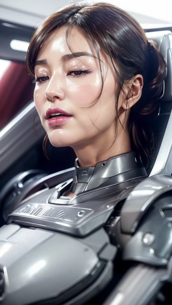 ((Middle-aged women)) textured skin , Super detailed,  Attention to Details, high quality, 最high quality,  High Resolution , 1080P, , (Sleep on your back)beautiful,(War Machine),beautifulサイボーグ女性,Mecha Cyborg Girl,()((Heavily damaged armor)), has a feminine machine body 、Kind Face　Black-haired,Full Body Shot)、、Sweaty face、Blank exterior 、Sleep on your back、Turn your face to the side、 Open your mouth ((  Overhead Shot  )、 smoke comes from all over the body (( has deep cracks all over the body..))( blonde short　Steam coming out of my head　White of the eyes　Electric shock　syncope