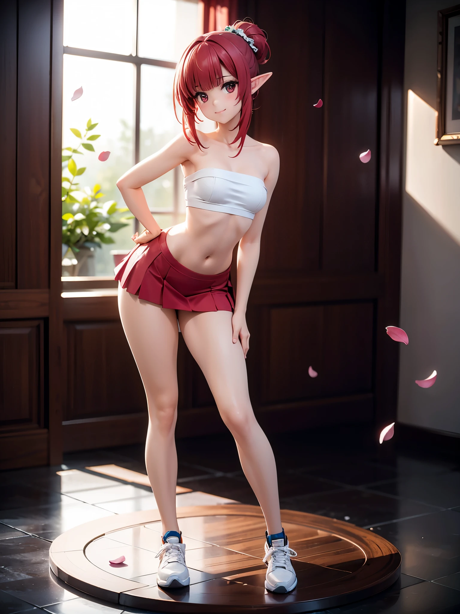 realistic image, detailed image, coherent image, 1 beautiful elf, she has shoulder length hair with blunt bangs, red hair, red eyes, smiling expression. She is wearing a strapless top, showing her navel, thin thong, pleated miniskirt, sneakers, She has a curvy body, small breasts and thick thighs, She is standing, legs crossed, arching her back, white background, uniform background , flower petals falling around, Soft focus, Dramatic shadows, Volumetric lighting, natural lighting,arima_kana