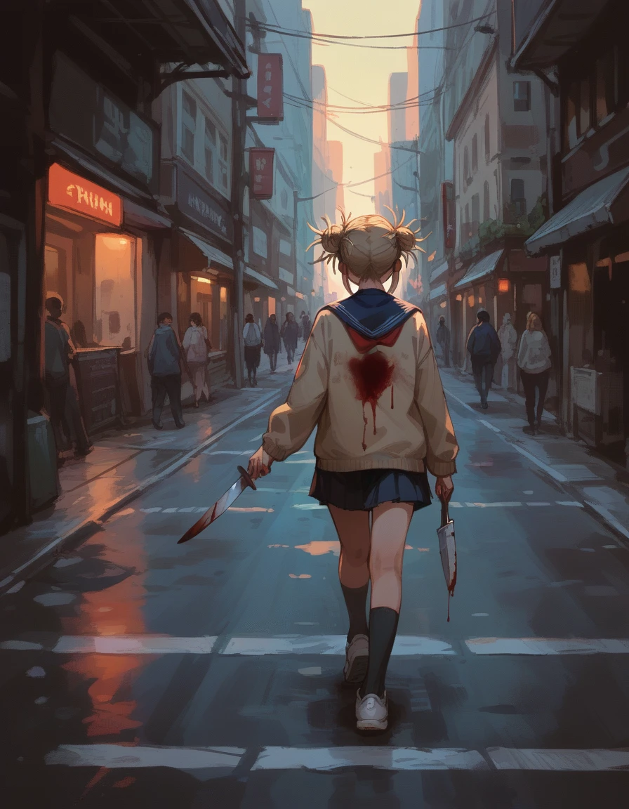 Himiko toga holding a bloody knife, While walking down the street, (it&#39;s dark, se ve infernal) while he was leaving a trail of blood and she saw his bloody hands 