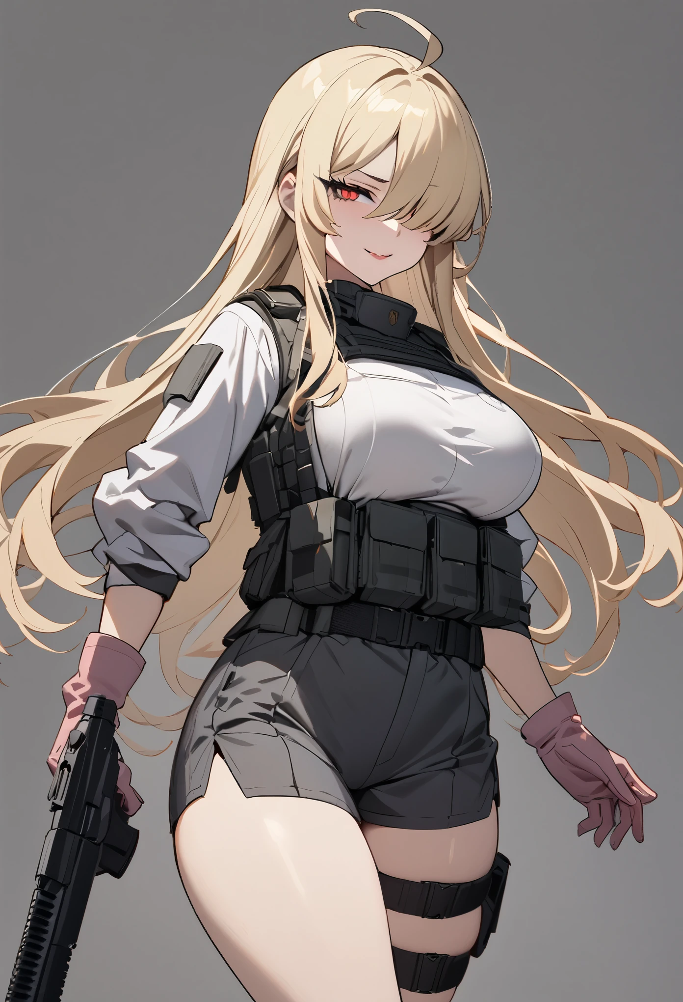 (high-quality, breathtaking),(expressive eyes, perfect face) 1girl, female, solo, mature, half open eyes, Alicization, Symmetrical Eyes, simple background, seductive smile, long hair, SAO inspired, maomao, armor, cowboy shot, medium full shot, light blonde hair, bangs, alluring red eyes, large breasts, hair between eyes, fluffy hair, half open eyes, hair over one eye, small Ahoge, pale blonde hair color, bright red eye color, straight hair, (NO braids in hair), belt, Gun Gale Online, (black cargo shorts), bulletproof vest, gun holsters, military, ((light pink combat gloves)), pistol, (white modern military combat suit), dark grey tactical vest, tech wear, security equipment, cyberpunk