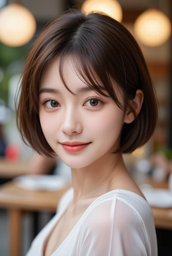 (masterpiece), ((Best Quality)), ((8k)), ((Surreal)), ((Realistic)), (Mature), ((There are no classes)),  very detailed, ( 1. Beautiful Women), Beautiful and delicate, (Beautiful Teeth), Green,  brunette pixie cut,  Brown Eyes , ((random color blouse )), ( upper body), ((background:none)),  perfect eyes, Captivating eyes, Gazing at the audience