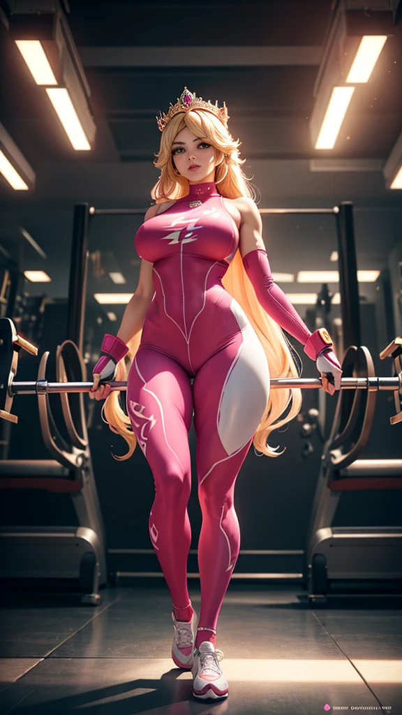 Princess Peach sexy, Blonde hair, a crown, detailed eyes, She is at the gym, gym, pink Lycra jumpsuit , fingerless glove,  pink sports socks, athletic body, big breasts, vfx (Visual Effect)  highlights the intricate anatomical features in a perfect way. sfx, complement visual art, immersing the viewer. The level of detail is inspiring,  with meticulously crafted intricate elements ,  volumetric effects add depth and dimension, and the photorealism is unmatched. The image is rendered in 8K resolution,  ensuring super-detailed visuals . Volumetric lightning adds a touch of magic,  highlighting her beauty and aura in a supernatural way .  High Dynamic Range technology  (HDR)  makes the cores stand out , adding richness to the overall composition. Finally, this art presents an unreal portrait.