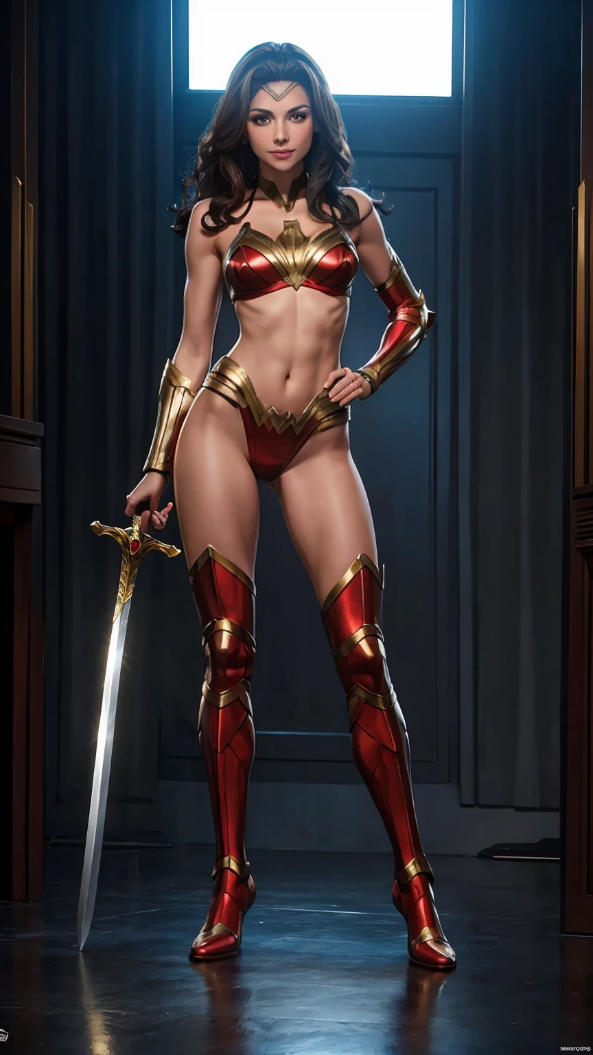 ((full body photo, standing, feet on the floor))
Gal Gadot Wonder women, hot pose , armour, muscular lust full body , holding sword ,  smile on her face, detailed body, detailed, breasts, detailed face, detailed eyes, detailed pussy, towpice bikini armour , 