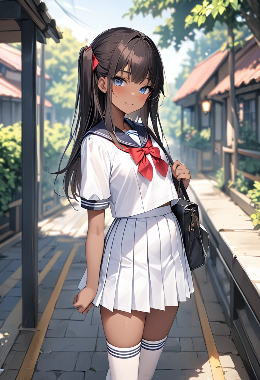 masterpiece, best quality, score_9, score_8_up, girl, loli, dark skin, seductive smile, outdoor, sailor uniform,