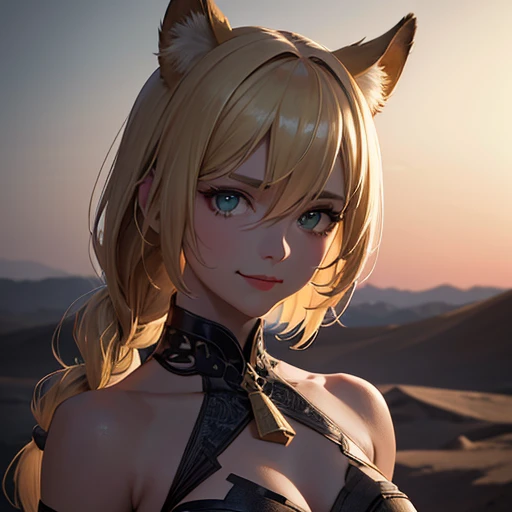 sCore_9,sCore_8_above,Core_7_above, 1 girl, Xilonen  ( impact of genshin ),  animal ocelot ears , bare shoulders, blonde, Braid, breasts,  cleavage , dark skin, green eyes, smile,  hair between the eyes ,  Head tilt , long hair,  looking at the spectator,  red lips, smile, Alone, aboveper body,  looking at the spectator,  She's standing in the desert ,  Egyptian desert on background , ( Ultra high definition :1.2),  masterpiece,  the best quality,  Ultra detailed,  cinematic lighting , delicate features, cinematic,  35 mm lens , f/1.9,  highlight lighting , global lighting –abovelight –v 4, cinematic, intense look,  cinematic lighting , 8K, High quality, más High quality, (Alone foco), ( extremely intricate :1.3), (realistic), Dramatic, masterful, analogue style, ( film grain :1.5), (warm tone,  cold tone ), anime style, full-length,   dark and mysterious atmosphere  , glow, eye shadow, 1 girl, thriller fantasy, depth & perspective,  mystical powers , fine face,  outside,
