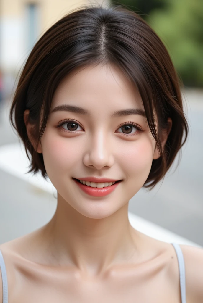 (masterpiece), ((Best Quality)), ((8k)), ((Surreal)), ((Realistic)), (Mature), ((There are no classes)),  very detailed, ( 1. Beautiful Women), Beautiful and delicate, (Beautiful Teeth), Grin,  brunette pixie cut,  Brown Eyes , ((random color blouse )), ( upper body), ((background:none)),  perfect eyes, Captivating eyes, Gazing at the audience