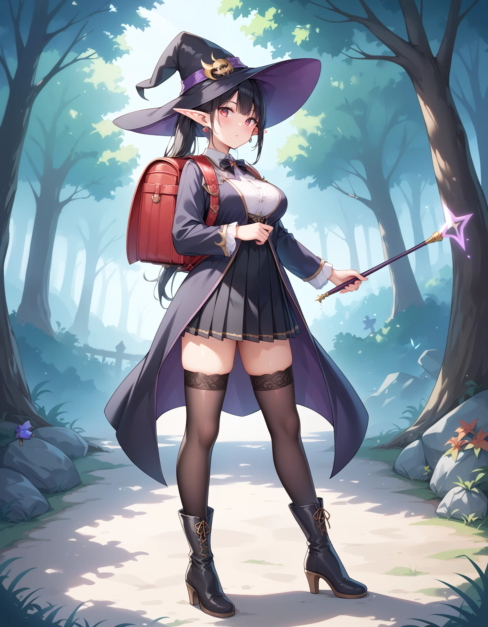 Masterpiece, hd, anime, 2d,  black hair, elf girl, pointed ears, wearing witch hat,  1girl wearing a witch Costume, white puffy collared shirt, black pleated skirt,  neck ribbon, witch robes, bowtie, earrings, jewelry, holding magic wand, outdoor, ponytail, standing, outdoor, wearing randoseru backpack, red backpack, holding witch wands, fullbody, wearing thighhighs, wearing witch boots