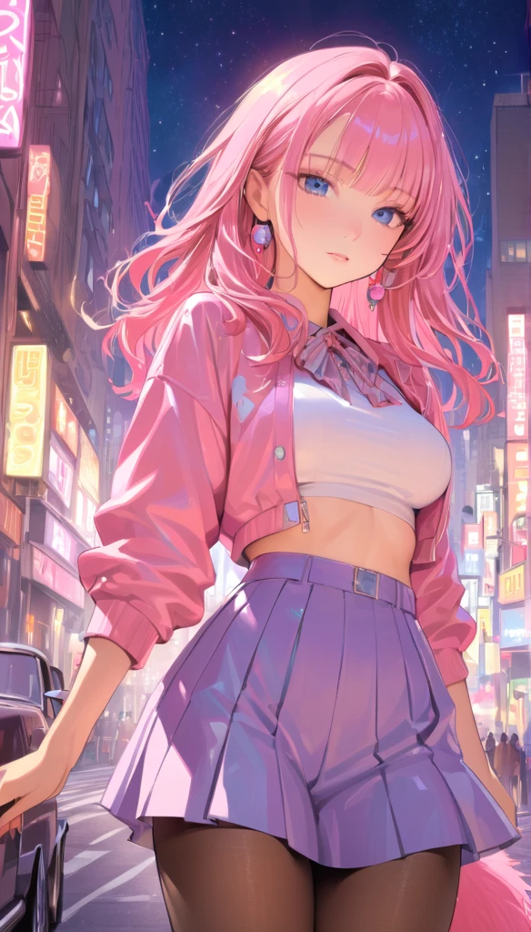 (Best Quality:1.2,   city pop style,   very detailed, up to date, Vibrant,   high contrast , masterpiece:1.2, Best Quality, Best aesthetics), girl, ((  Frontal Shots  :1.4)), Colorful Hair,  rose tail, Pastel colors, 1980s Style, ((Retro, Vintage, Plain background))Best Quality, 　masterpiece　  High Resolution  　masterpiece、Idol Group、、可愛いgirl、casual outfit、 miniskirt 、 Thin Black Pantyhose、 、fireworks festival background 、Flowerpunk、Sparkling light particles、 Brilliant Gradient Effect  