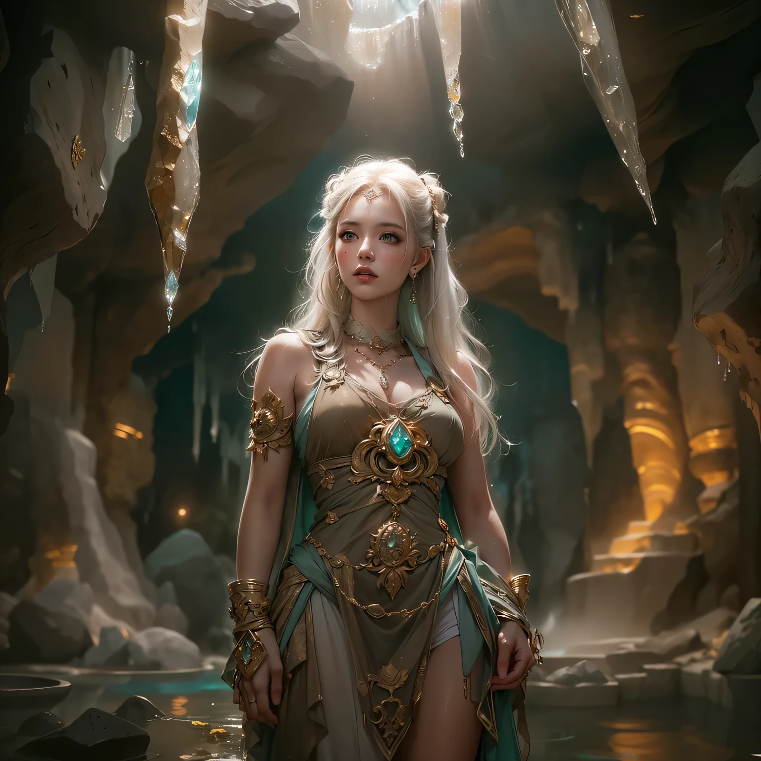 (moody cinematic still, intimate crop, dramatic pose:1.5),SimplePositiveXLv2, (clothed, masterpiece, wide angle, cinematic establishing shot, young adult european woman, highly detailed background:1.2), volumetric lighting, subsurface scattering, dynamic pose, (special effects, color grading, fantasy aura), (Elemental Geomancer:1.4), (Medium Covered breasts:0.81), Rock formations, earthy robes, geomantic symbols, stone guardians