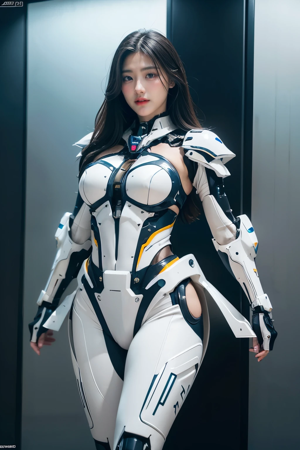 a highly detailed photograph of a woman in a futuristic mecha suit, elegant and powerful, with long legs, a slightly chubby but fit figure, and a navel visible through transparent skin, perfect body shape, feminine yet mechanized, valkyrie-inspired mecha girl, ferra white mecha armor, female mecha cyber warrior, extremely detailed by artgerm, echo overwatch character, clear facial features, gorgeous female paladin, advanced physically-based rendering, depth of field