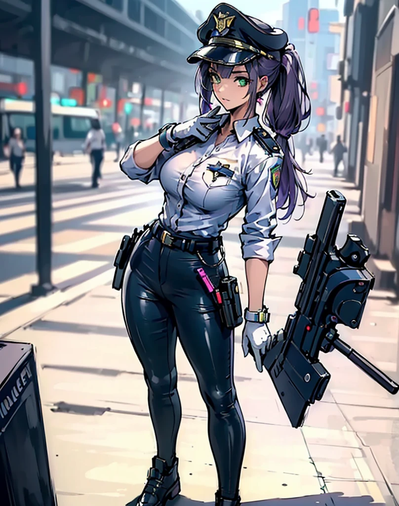 ((masterpiece)), ((best quality)), ((highres)), 1girl, solo, police officer, (matching pants, slacks), city backdrop, (holding and aiming pistol, detailed pistol, glock 22, trigger discipline), police hat, standing, long hair, (purple hair, twintails), (green eyes), full body, coldre na perna, thick coxas, decote