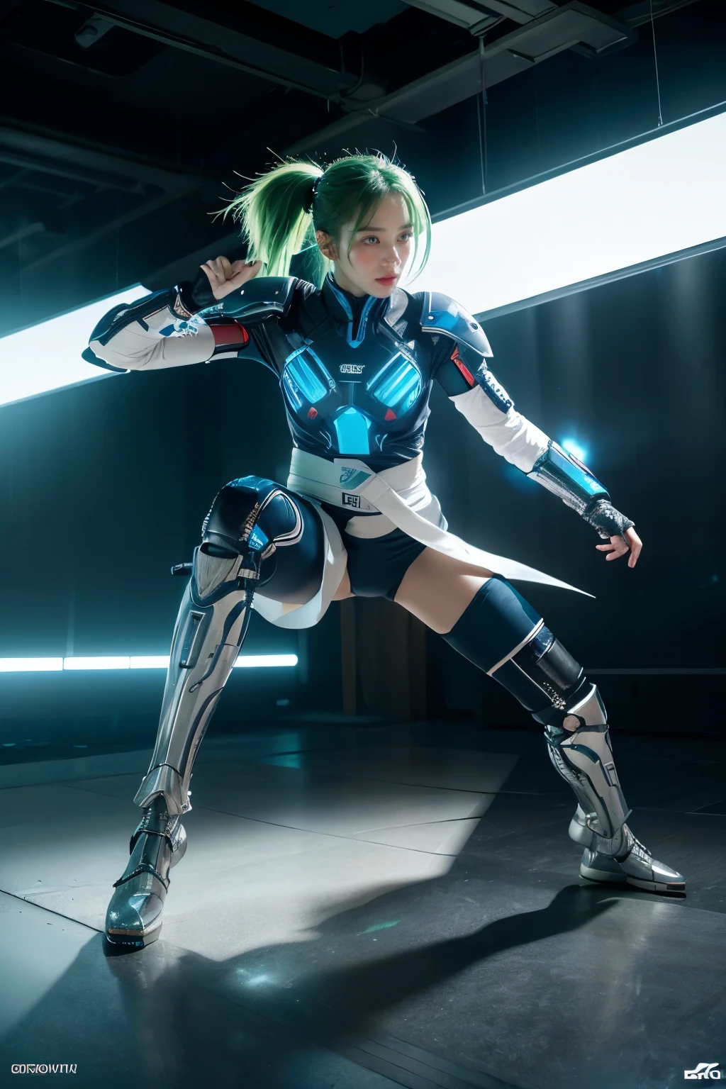 A cybernetic warrior in a sleek, armored exosuit with glowing blue circuits, in a defensive combat stance, holding a plasma blade and shield, martial artist in a dynamic fighting stance, wearing traditional kung fu attire with a red sash, mid-air kick with powerful leg extension, side-parted light green hair, concept art, character reference sheet, front pose, simple white background, (best quality,4k,8k,highres,masterpiece:1.2),ultra-detailed,(realistic,photorealistic,photo-realistic:1.37),cinematic lighting,hyper detailed,highly detailed,intricate details,sharp focus,vivid colors