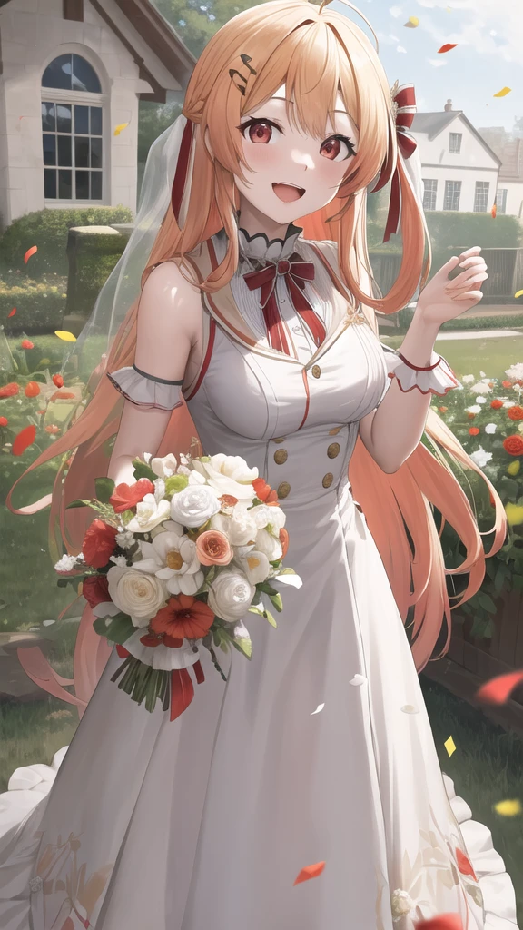 masterpiece, best quality, highres, kanadeyj, long hair, one side up, hair ribbon, hair ornament, ahoge, red eyes, medium breasts, wedding dress, standing, garden, confetti, holding bouquet, smile, open mouth,