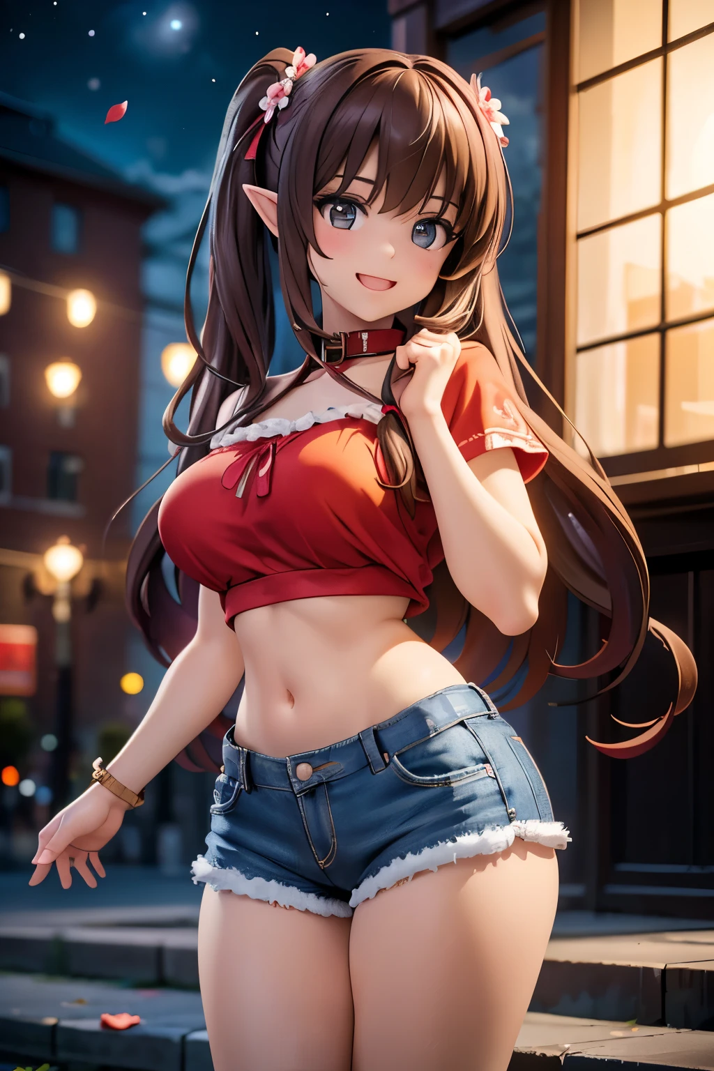 realistic image, coherent image, detailed image, 1 beautiful elf. She has brown hair, long hair with two pigtails. Scarlet eyes, long eyelashes. Her face is oval and delicate. smiling with open mouth. She is wearing a traditional red shirt, with a tangerine collar, showing her navel, jean shorts, sneakers, she has a curvy body, medium breasts and thick thighs. Urban background. starry night, flower petals falling. natural lighting in front, volumetric lighting