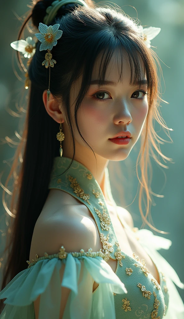  Cosplay ,美麗的中國武俠仙女,Long flowing hair with bangs, Bow Hair Trim,Phoenix Eye , Beautiful Chinese Martial Fairy Wearing Antique Glass Hansel Dress ,Head close-up, vertical shadow, masterpiece,  Ultra HD, Unreal Engine, 