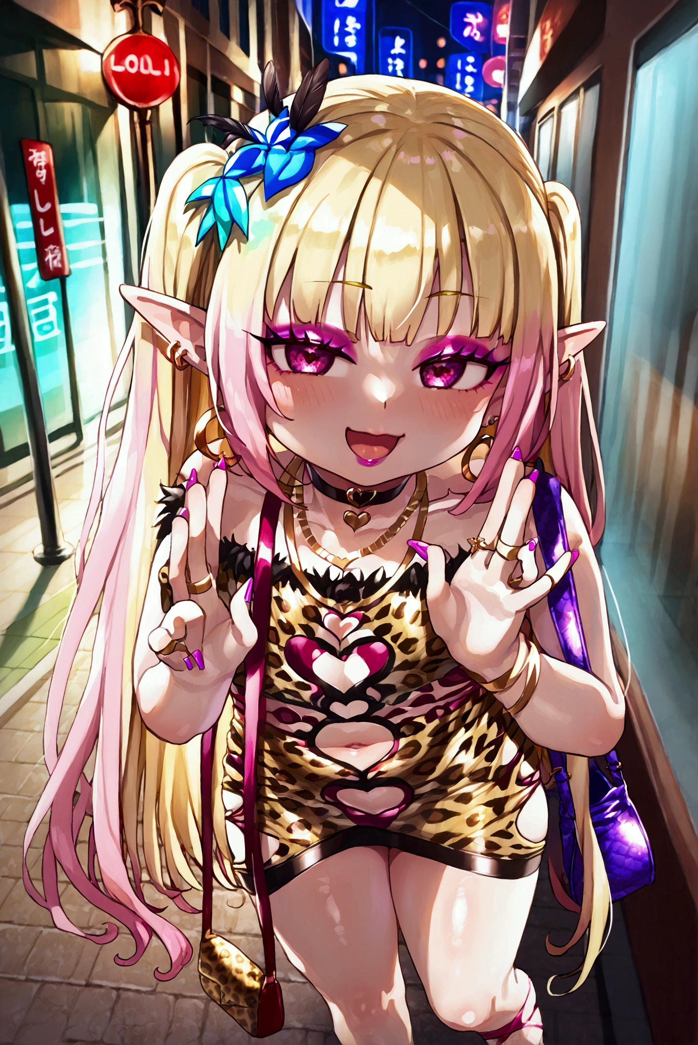 ****, gyaru, slut ****, slutty ****, mesugaki ****, mesugaki, white skin, pale skin, leopard print dress, naughty face, beautiful ****, bold ****, outgoing ****, blonde ****, blonde hair, multi-colored hair, pink hair , 2-color hair, blonde hair with pink gradient, blonde hair with pink streaks, sensual face, leopard print, little ****,  girl, very , beautiful girl, bold dress, fashionable clothes, leopard print clothes, luxurious accessories, expensive bag, makeup girl, makeup ****, playful look, prostitute clothes, prostitute ****, exotic clothes, small clothes, leopard print clothes, gold rings, gold hoop earrings, gold earrings, long hair, very long hair, gold necklace, gold necklaces, black choker with heart, black choker, provocative pose, sensual pose, little ****, 1 person, anime style, anime, high quality, hd, correct anatomy, masterpiece, best quality, sfw, save for work, loose hair, full body, entire visible body, city, city street, on the city street,  girl,  ****, elf, elf ****, elf girl, pointy ears, jacket with black feather trim