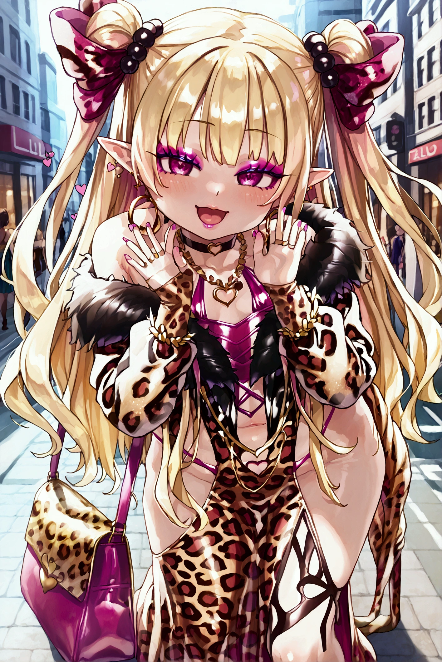 ****, gyaru, slut ****, slutty ****, mesugaki ****, mesugaki, white skin, pale skin, leopard print dress, naughty face, beautiful ****, bold ****, outgoing ****, blonde ****, blonde hair, multi-colored hair, pink hair , 2-color hair, blonde hair with pink gradient, blonde hair with pink streaks, sensual face, leopard print, little ****,  girl, very , beautiful girl, bold dress, fashionable clothes, leopard print clothes, luxurious accessories, expensive bag, makeup girl, makeup ****, playful look, prostitute clothes, prostitute ****, exotic clothes, small clothes, leopard print clothes, gold rings, gold hoop earrings, gold earrings, long hair, very long hair, gold necklace, gold necklaces, black choker with heart, black choker, provocative pose, sensual pose, little ****, 1 person, anime style, anime, high quality, hd, correct anatomy, masterpiece, best quality, sfw, save for work, loose hair, full body, entire visible body, city, city street, on the city street,  girl,  ****, elf, elf ****, elf girl, pointy ears, jacket with black feather trim