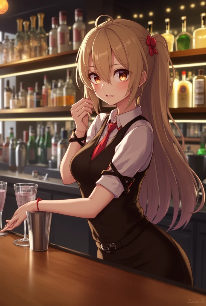 1 Girl, Blonde, Brown Eyes, bartender, Medium Wide Shot, Masterpiece, Top Quality, High Resolution, High Detail, masterpiece, Best Quality, shape, Super detailed, details,  High Resolution , 8k,wallpaper, 完璧なダイナミックな構shape,(Realistic eye depiction:1.3)、Bar Counter, Neon Shining Stylish Bar