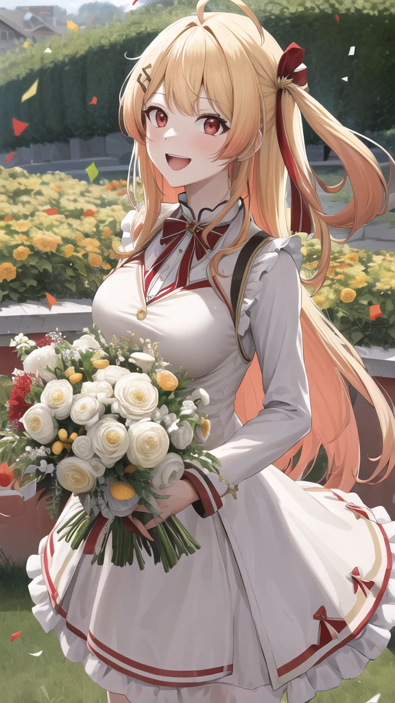 masterpiece, best quality, highres, kanadeyj, long hair, one side up, hair ribbon, hair ornament, ahoge, red eyes, medium breasts, wedding dress, standing, garden, confetti, holding bouquet, smile, open mouth,