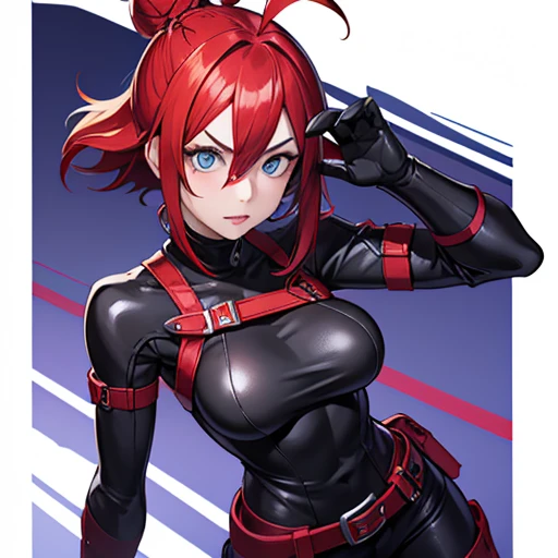 1girl,solo,girl wide hips, girl, blue eyes, hair ornament, ahoge,,Ghastly, large goggles, red hair ,blue eyes, hair bun, lips, black elbow gloves, red bodysuit, black thigh boots, belt,Facial expression