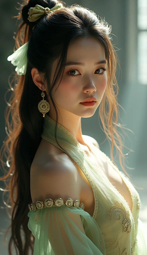  Cosplay ,美麗的中國武俠仙女,Long flowing hair with bangs, Bow Hair Trim,Phoenix Eye ,Beautiful Chinese Martial Fairy Wearing an Antique Glass Fairy Dress ,Head close-up, vertical shadow, masterpiece,  Ultra HD, Unreal Engine, 