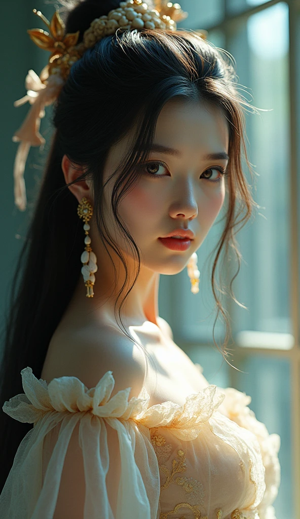  Cosplay ,美麗的中國武俠仙女,Long flowing hair with bangs, Bow Hair Trim,Phoenix Eye ,Beautiful Chinese Martial Fairy Wearing an Antique Glass Fairy Dress ,Head close-up, vertical shadow, masterpiece,  Ultra HD, Unreal Engine, 