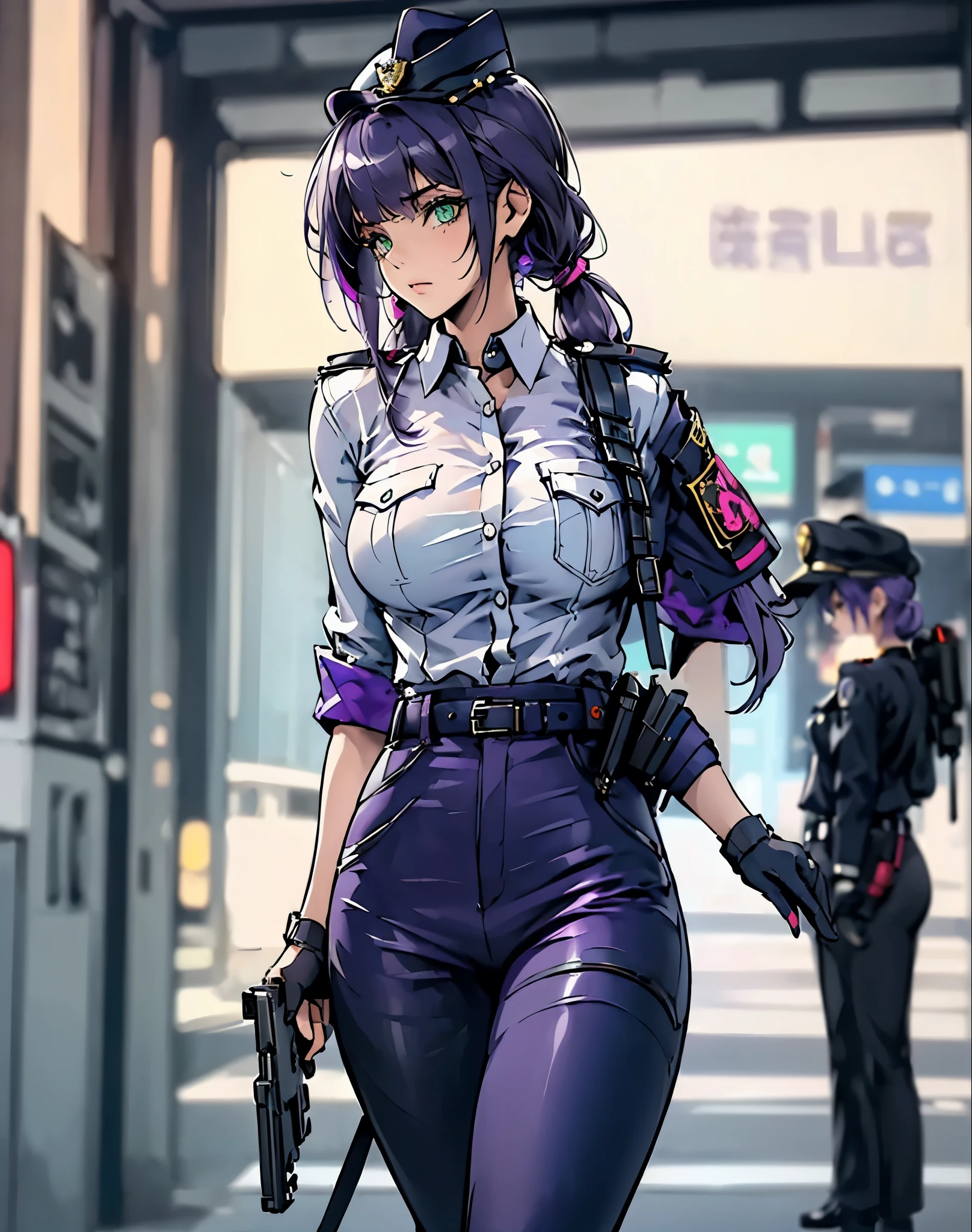 ((masterpiece)), ((best quality)), ((highres)), 1girl, solo, police officer, (matching pants, slacks), city backdrop, (holding and aiming pistol, detailed pistol, glock 22, trigger discipline), police hat, standing, long hair, (purple hair, twintails), (green eyes), full body, coldre na perna, thick coxas, decote