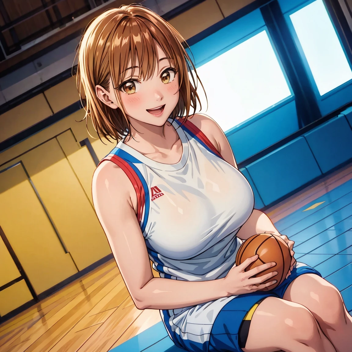 masterpiece, Best Quality, High resolution,16k,official art,super detailed skin,detailed,Kano Chinatsu,(C cup beautiful breasts)、(tall:1.2),height: 170cm,Brown eyes, Brown Hair,Sexy long legs,Fashion model body type,gal,bangs, basketball uniform,Staring at the audience, short hair, Sitting, smile,Muscular、1girl,big laugh,smile、Shy、Shyness,Cool look,blush,A composition that shows the upper body,cinematic lighting,Superfine,magnificent view、basketball court,dynamic angle,extreme closeup,sporty pose