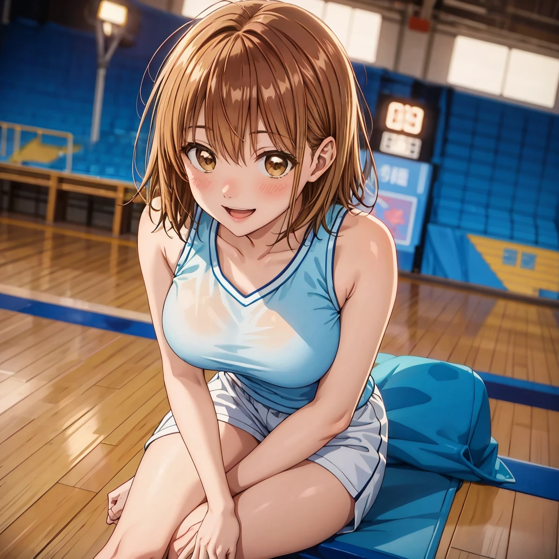 masterpiece, Best Quality, High resolution,16k,official art,super detailed skin,detailed,Kano Chinatsu,(C cup beautiful breasts)、(tall:1.2),height: 170cm,Brown eyes, Brown Hair,Sexy long legs,Fashion model body type,gal,bangs, basketball uniform,Staring at the audience, short hair, Sitting, smile,Muscular、1girl,big laugh,smile、Shy、Shyness,Cool look,blush,A composition that shows the upper body,cinematic lighting,Superfine,magnificent view、basketball court,dynamic angle,extreme closeup,sporty pose