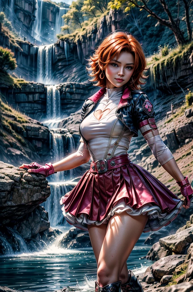 cowboy shot, dynamic pose, beautiful (nora_valkyrie), looking at viewer, smiling, lips, short hair, blue eyes, orange hair, hoop earring, cropped jacket, black jacket, short sleeves, white shirt, cleavage cutout, pink skirt, cross-laced boots, pink gloves, fingerless gloves, black nail, standing in cave entrance, waterfall, river, best quality, masterpiece, intricate details, tonemapping, sharp focus, hyper detailed, masterpiece, elegant face, beautiful face, highly detailed skin, skin pores, subsurface scattering, realistic pupils, full lips, detailed background, depth of field, atmospheric perspective, volumetric lighting, sharp focus, absurdres, realistic proportions, good anatomy, (realistic, hyperrealistic:1.4), 16k hdr,