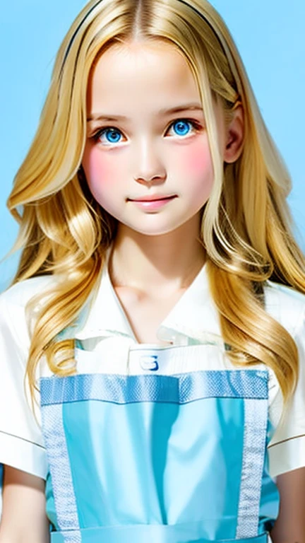 highest quality, ultra high resolution, realistic, cute girl pictures, detailed face, (Pueros face_V1:0.008), alice in wonderland, 13yo, blonde wavy hair, white apron, blue clothes, playing card pattern background, no makeup