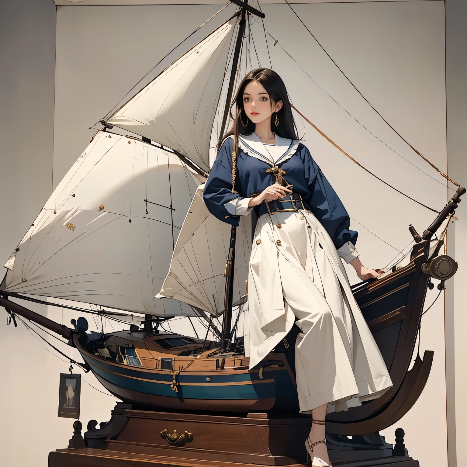 Maritime Museum sailboat model exhibition 、( A young and beautiful female curator is looking at the model sailboat)、 galleon sailboat model 、 and many other sailboat models are on display 、Vintage、 classical interior 、Highest quality、 High Resolution 、masterpiece、wallpaper、8k、