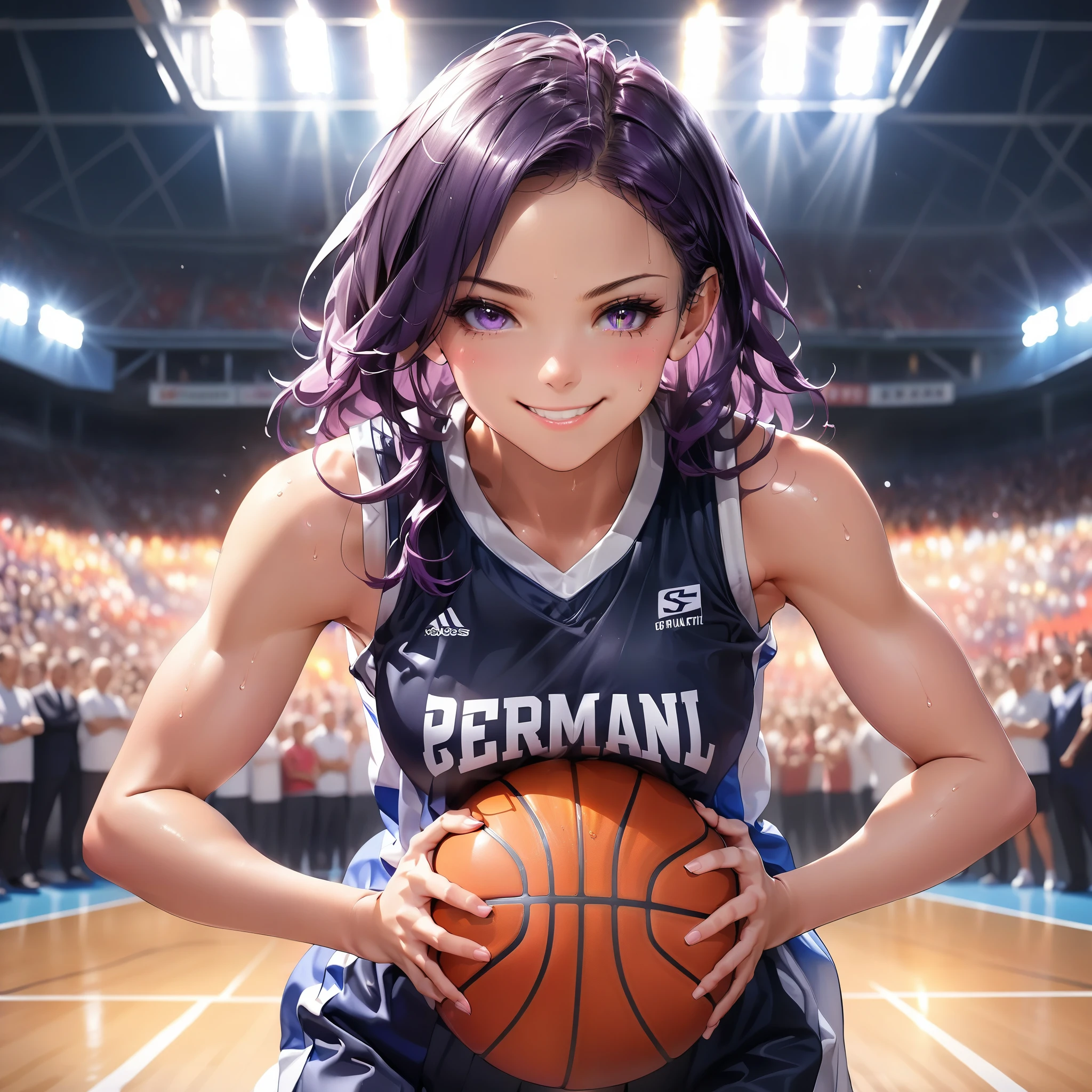 A determined girl in a basketball uniform, holding a basketball, standing on a court, confident expression, sweat on her forehead, athletic build, bright stadium lights, crowd in the background, dynamic pose, vibrant colors, realistic detail, high-energy atmosphere, deep purple hair , hyper beautiful face, purple hair, perfect anatomy, shiny skin, beautiful smile, 