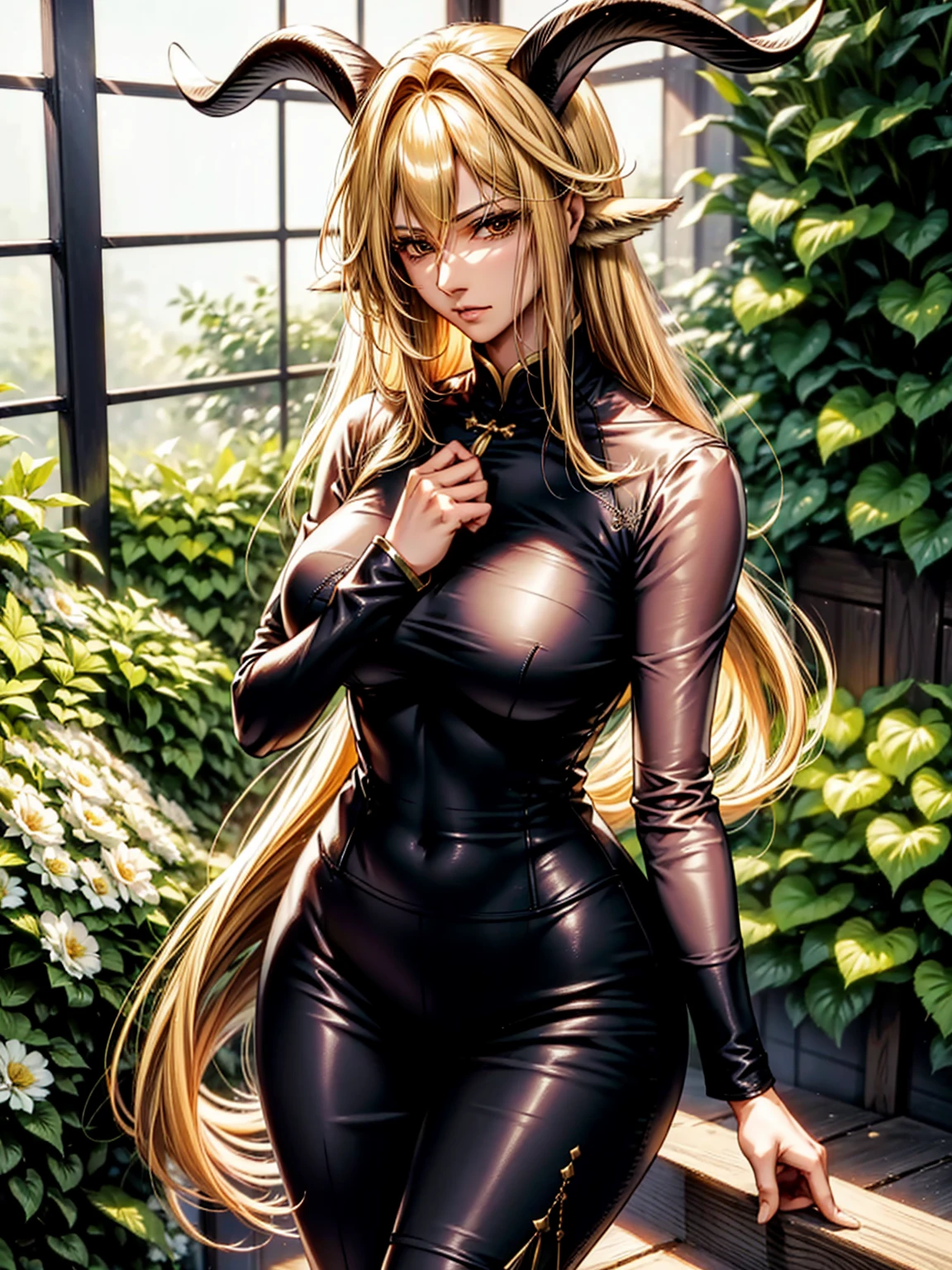 (top-quality、tmasterpiece、high resolution、super high image quality，highly detailed，8k), 30years old，degenbrecher(arknights), goat girl, black necktie, looking at viewer, large breasts, hair between eyes, goat horns, animal ears, Alone, long sleeves, long hair, closed mouth, blonde hair, BREAK (black ao dai:1.2), in the green house, flowers and plants around, sunshine on the face