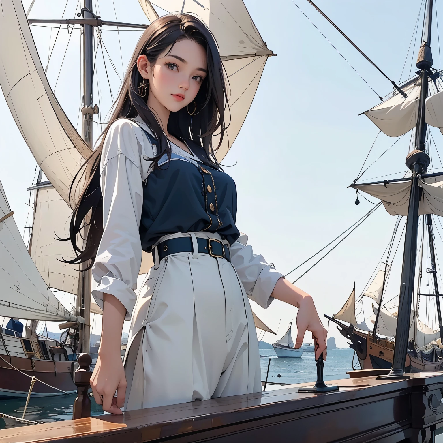 Maritime Museum sailboat model exhibition 、( A young and beautiful female curator is looking at the model sailboat)、 galleon sailboat model 、 and many other sailboat models are on display 、Vintage、 classical interior 、Highest quality、 High Resolution 、masterpiece、wallpaper、8k、