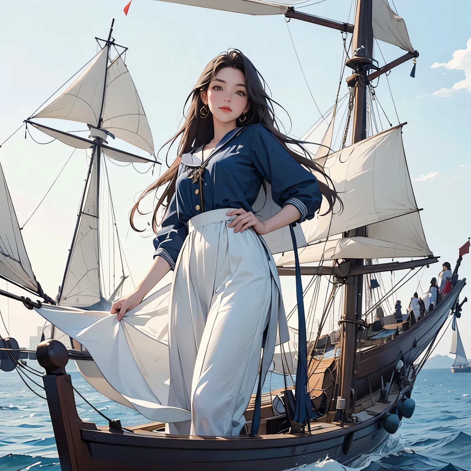 Maritime Museum sailboat model exhibition 、( A young and beautiful female curator is looking at the model sailboat)、 galleon sailboat model 、 and many other sailboat models are on display 、Vintage、 classical interior 、Highest quality、 High Resolution 、masterpiece、wallpaper、8k、